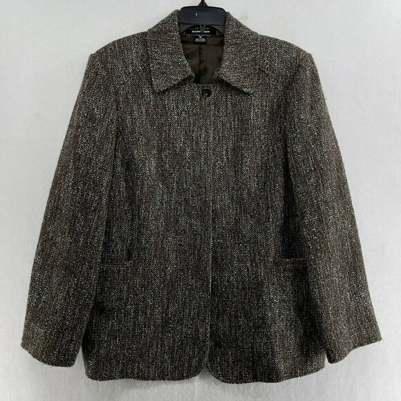 Ellen Tracy Blazer Jacket Women's Sz 10 Brown One Button Collared Pockets Tweed - Picture 1 of 13